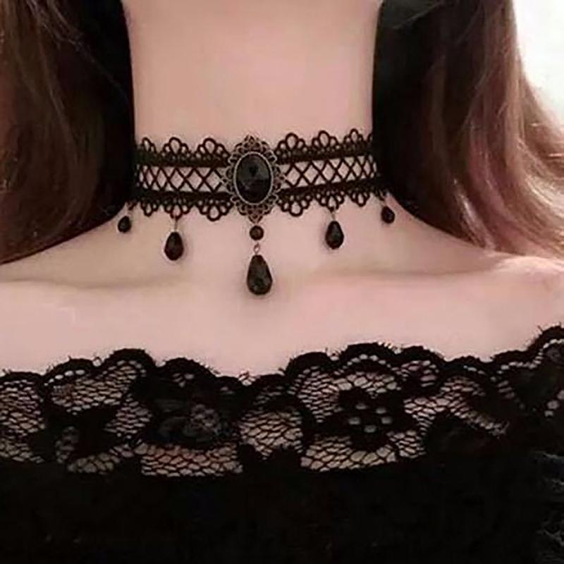 Gothic Black Lace Necklace For Women Girl Boho  Pearl Sexy Lace Choker Punk Dark Lolita Style Halloween Jewelry