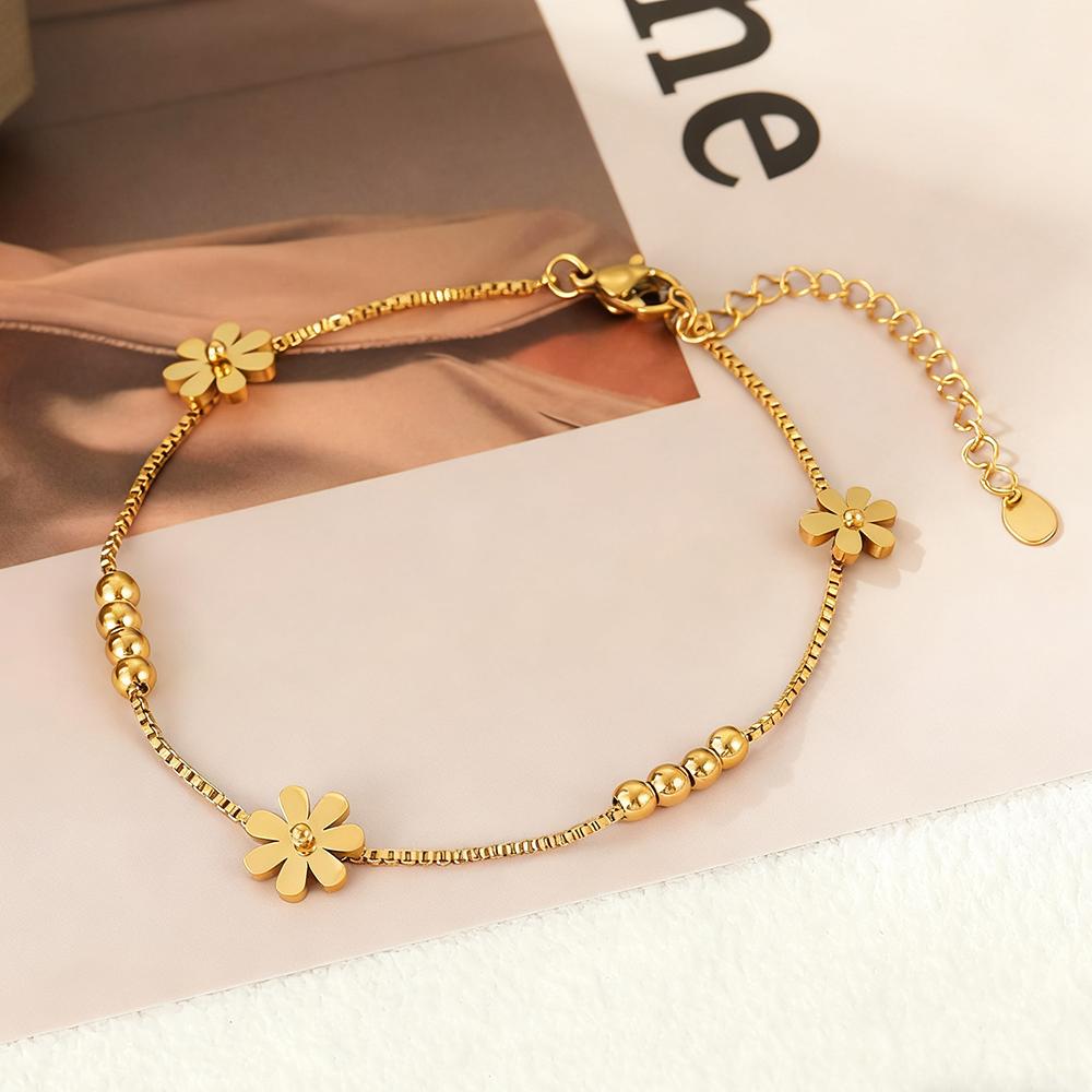 Elegant Daisy Beads Bracelet Women Stainless Steel Gold Color Box Chain Fashion Sweet Flowers Zircon Birthday Gift Wholesale