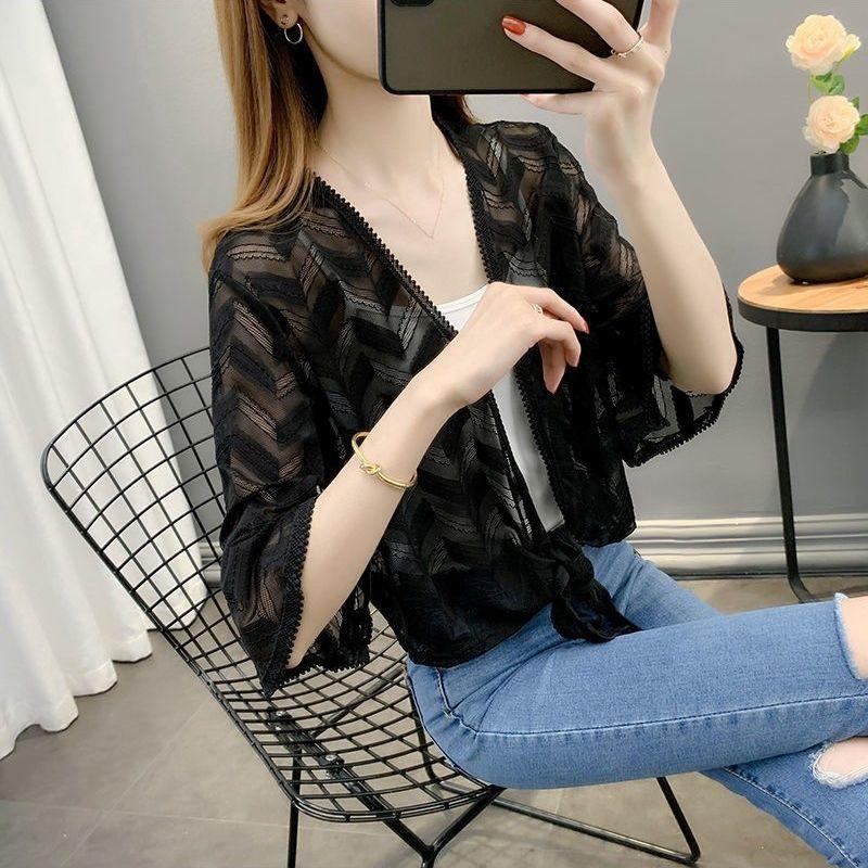 Ажурный шифоновый кардиган, солнцезащитная куртка для лета в паре с кружевной тонкой верхней одеждой, женская шаль