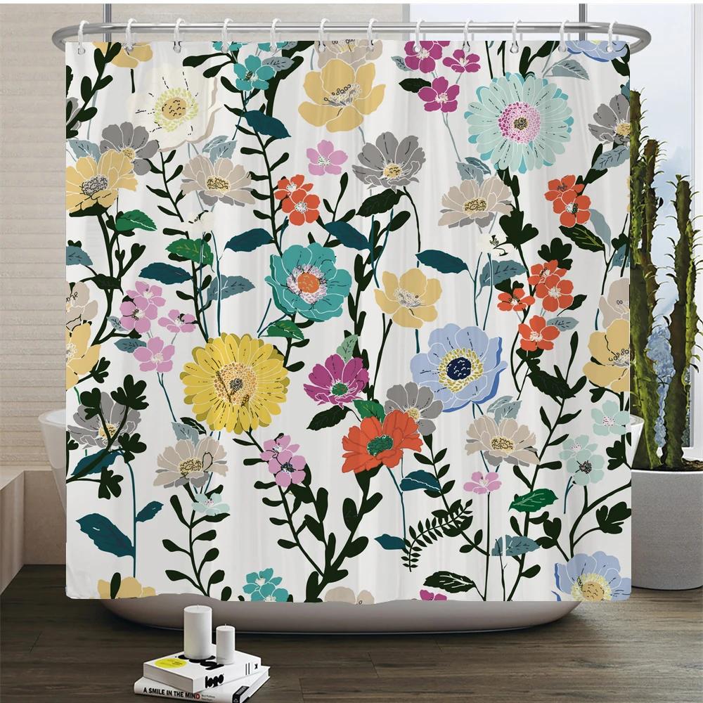 Watercolour Flowersleaves Shower Curtain Morden Art Floral Waterproof Fabric Bathroom Curtains Room Decor Curtain With Hooks