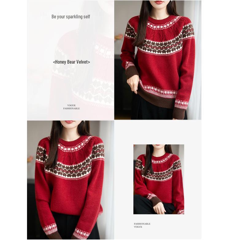 Женский шерстяной свитер с жаккардовым узором Fair Isle, ретро, с круглым вырезом, длинным рукавом, утолщенный и теплый базовый слой.