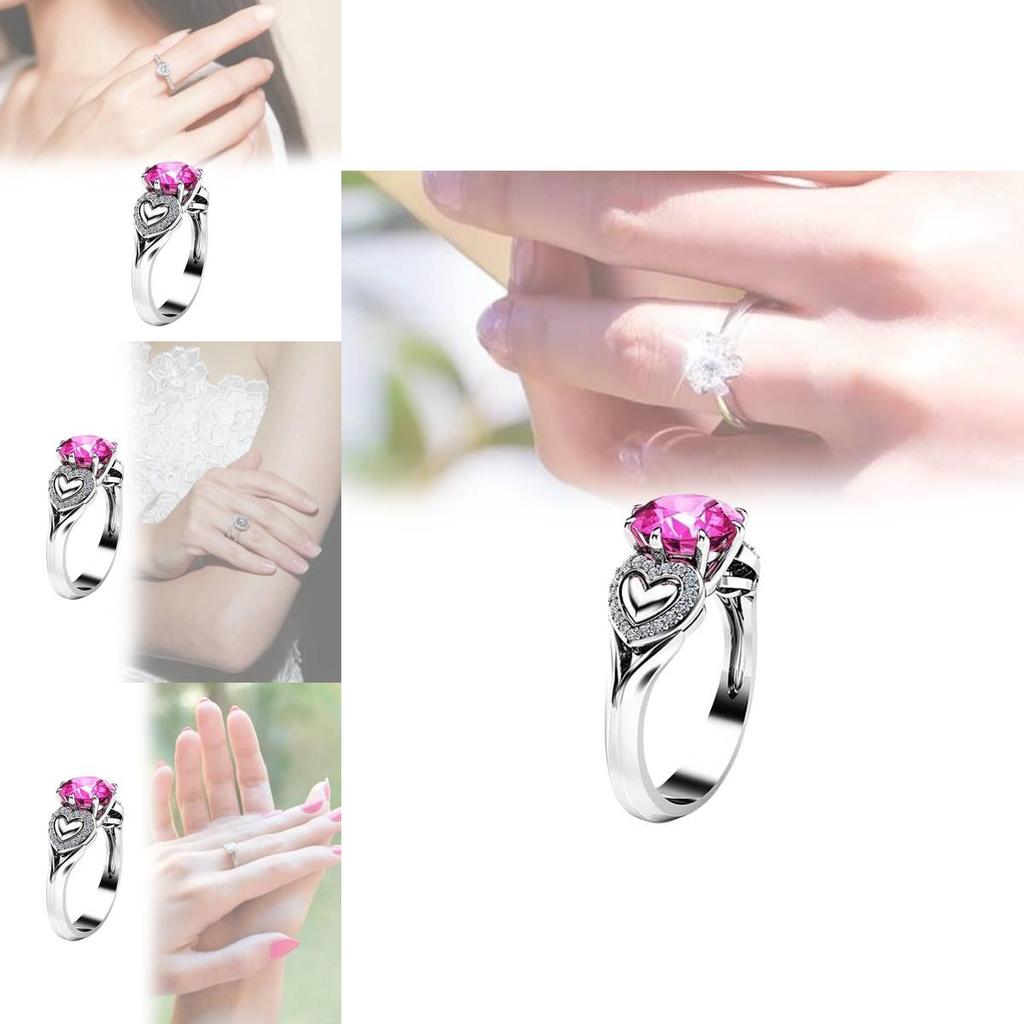 Fashionable Heart Shaped Pink Zircon Crystal Ring With Silver Plated Adjustable Band For Women