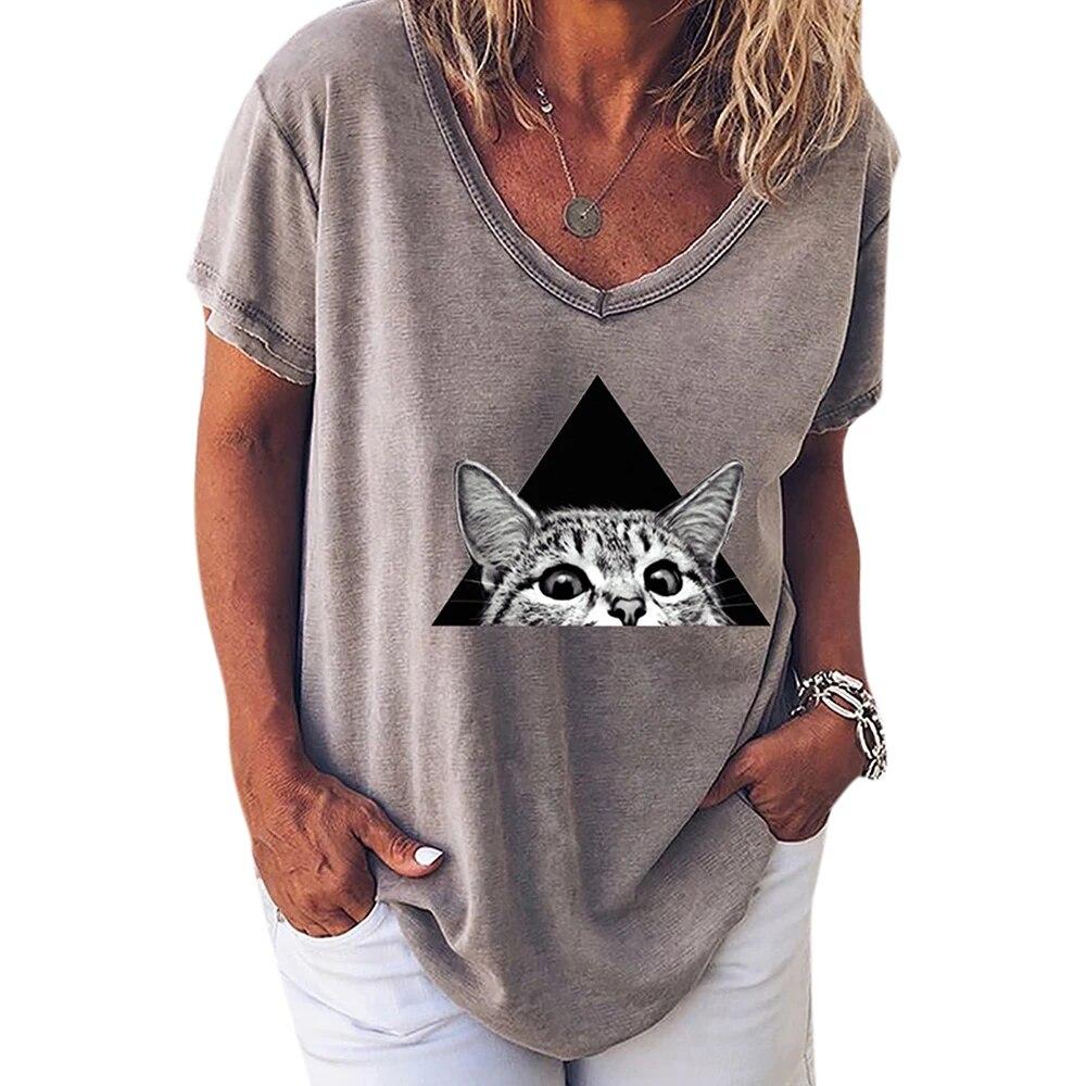 Fashion Woman Blouses T-shirt Women's 3d Cats Print Black Kawaii V-neck T Shirt Female Clothing Oversized Summer Tops Tees