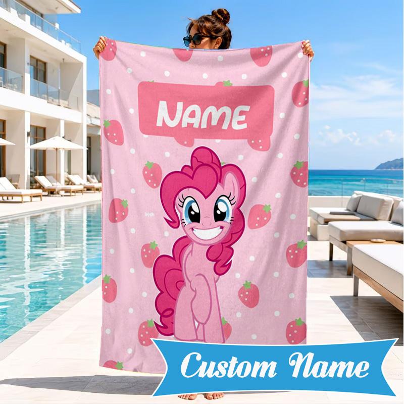 Custom Name Pony Strawberry Theme Beach Towel Microfiber Beach Towel, Lightweight and Quick-Dry, for Summer Travel, Swimming Pool Gift