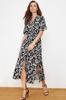 Women's Fashion Black Belted Slit Floral Patterned Midi Woven Shirt Dress