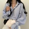 Spring Lantern Sleeve Blue Stripe Shirt Blouse Loose Casual Black Top Women's Clothing Blouses Office Lady Shirts