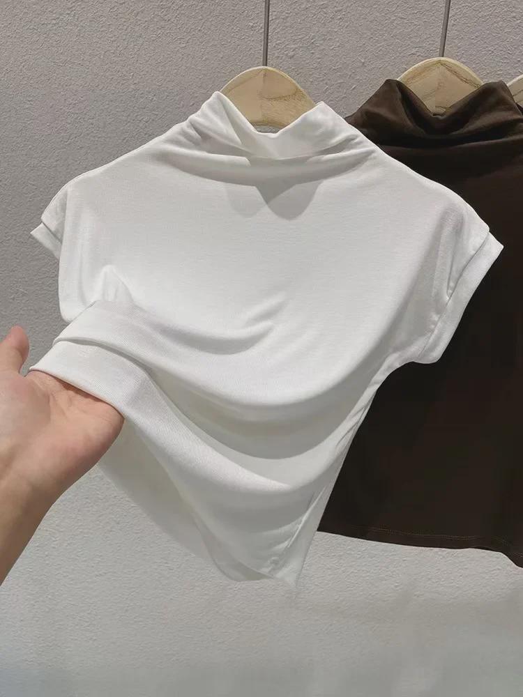 2025 Женская облегающая повседневная футболка с коротким рукавом и высоким воротником