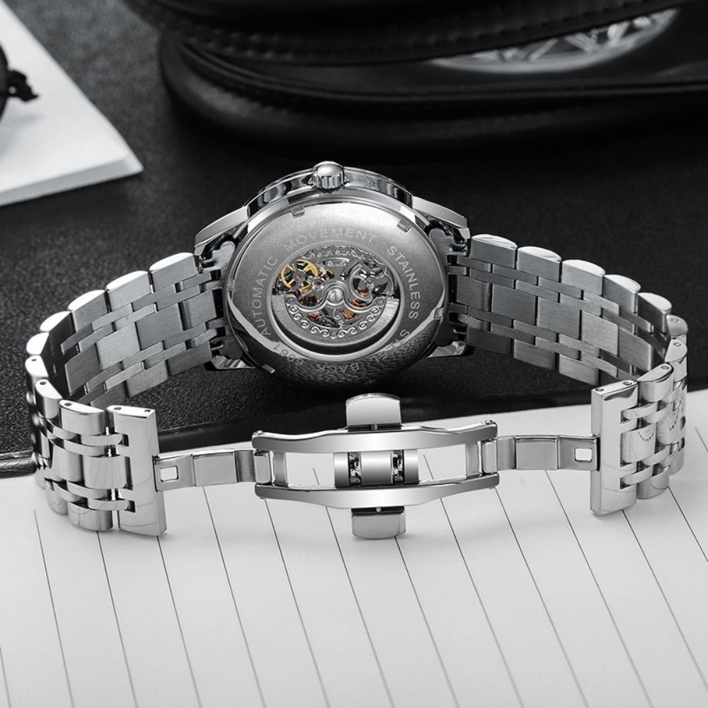 Dulunwe Swinging Rotary Dial Design Hollow Skeleton Watches Business Trendy Men Wristwatch Roulette Wheel Automatic Mechanical Watch