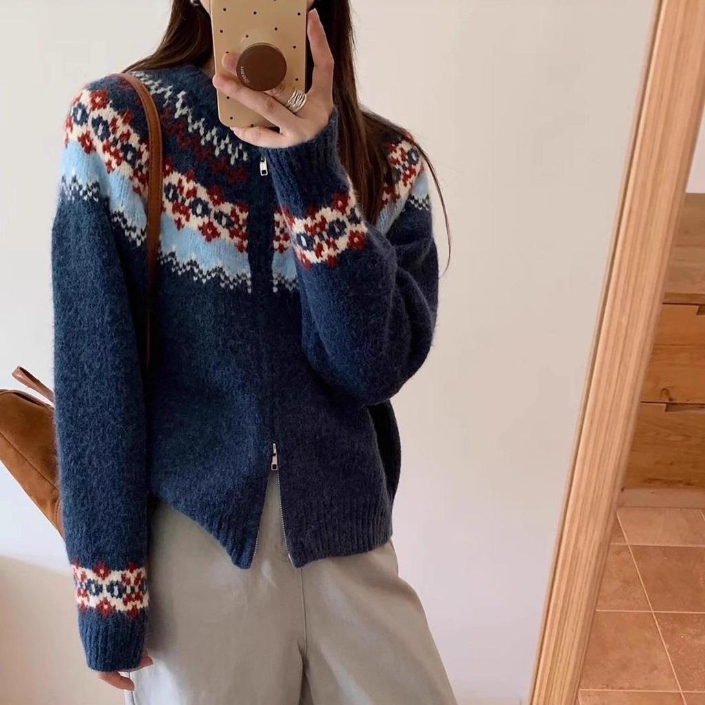 Женский ретро кардиган на молнии с узором Fair Isle