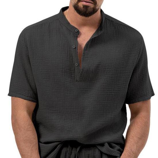 Комплект из 2 предметов: мужской летний наряд, воротник-стойка, пуговицы, вырез, короткий рукав, футболка, эластичный пояс, шнурок, карманы, длинные брюки