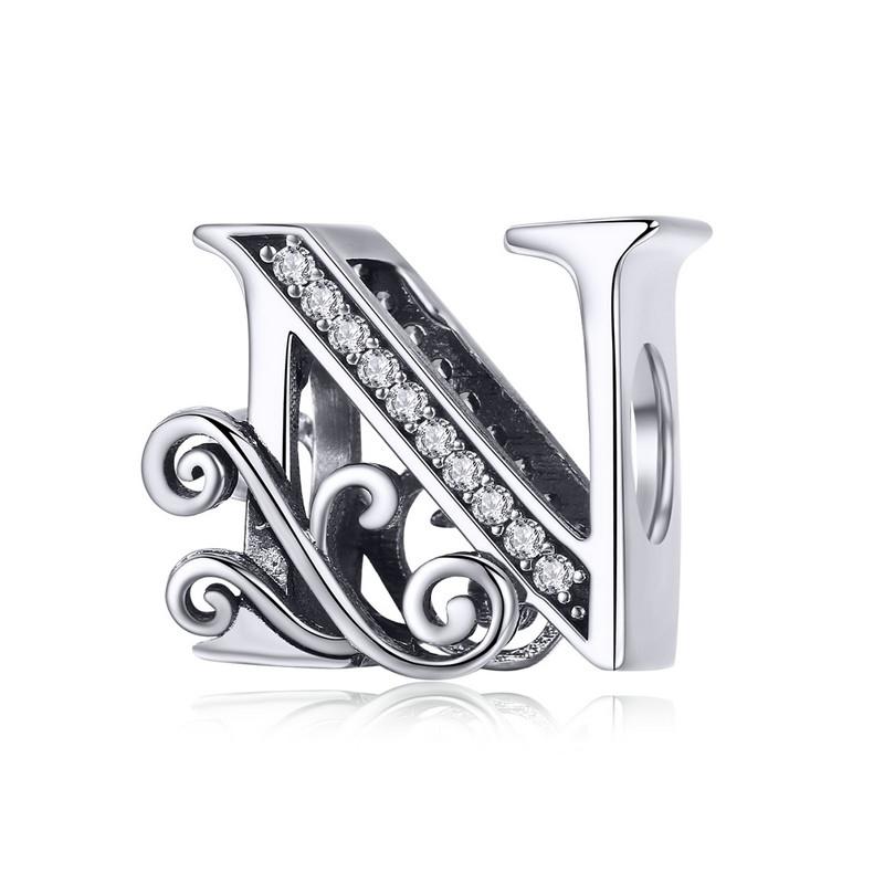 Bamoer Authentic 925 Sterling Silver Vintage Letter A To Z Zircon Bead Charms Fit Original Charm Bracelets DIY Jewelry