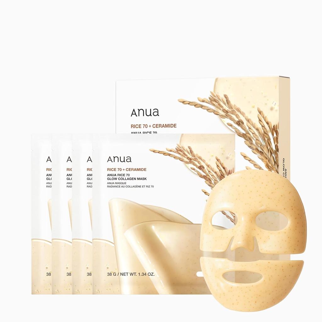 ANUA Rice 70 Glow Collagen Face Pack (4 sheets) Moisturizing Radiant Skin Hydration Nutrition Dry Combination Mask Sheet Skincare
