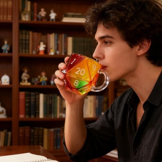 Rainbow D20 Dice Mug with Handle Colorful Polyhedral Glass Coffee Cup for Gamers Unique Gift for Tabletop RPG Fantasy Enthusiasts