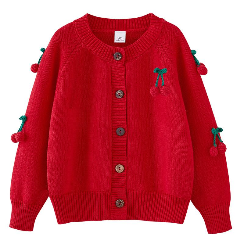 Весенне-осенний кардиган Cherry для девочек, вязаный хлопковый детский свитер с круглым вырезом