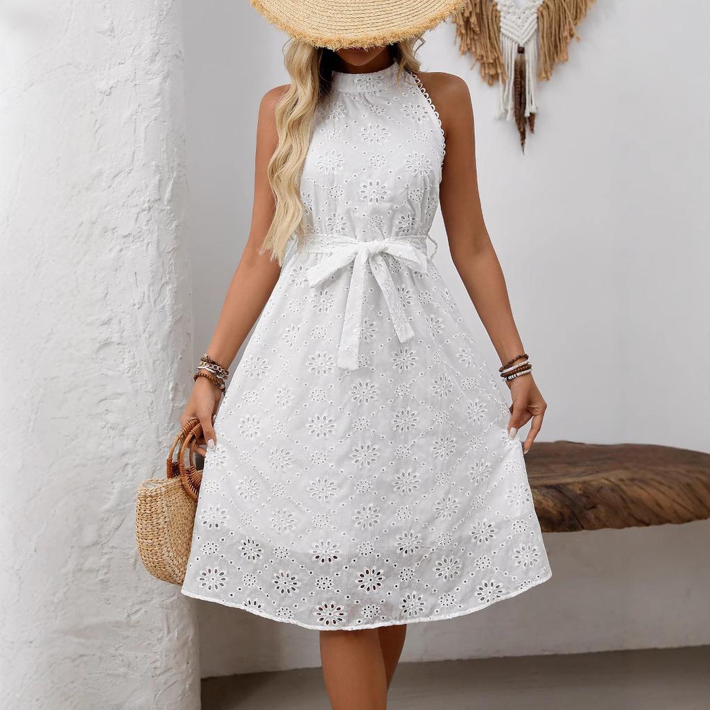 Women Summer Casual Sleeveless White Lace One Piece Dress