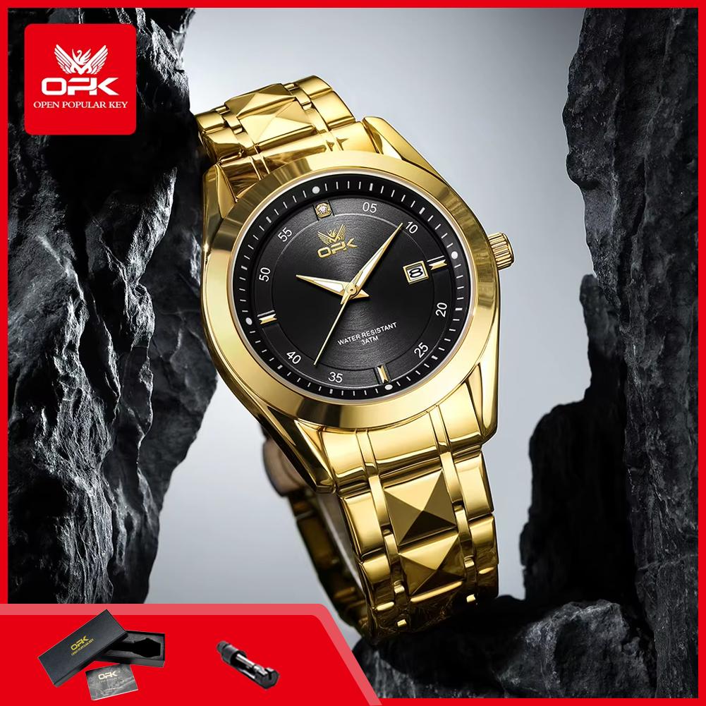 OPK 8183 Men's Watches Gold Steel Strap Classic Black Dial Fashion Simple Waterproof Luminous Date Quartz Wrist Watches For Man