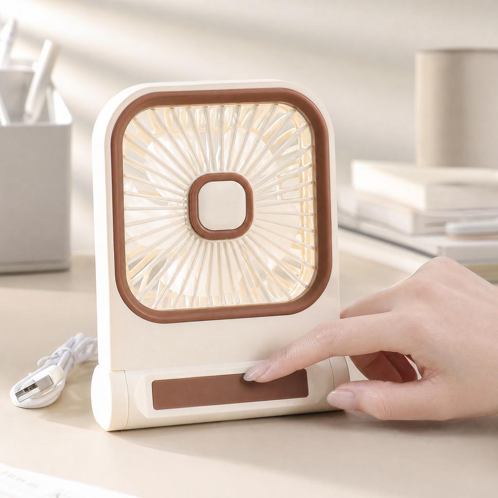 Square Desktop USB Rechargeable Fan with Three Speed Settings Portable Table Fan for Indoor Outdoor Camping and Wall Mount Use