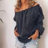 Women's Casual Long Sleeve Shirts Pleated Loose T-shirts Chiffon Blouses Ladies Elastic Neck Off Shoulder Solid Color Linen Tops