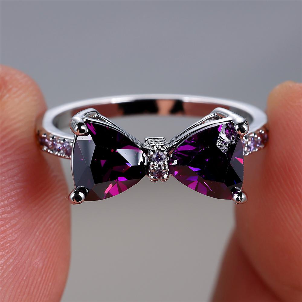 Female Cute Big Bowknot Zircon Stone Ring Color Love Engagement Rings For Women Purple Blue Red Rainbow Wedding Jewelry