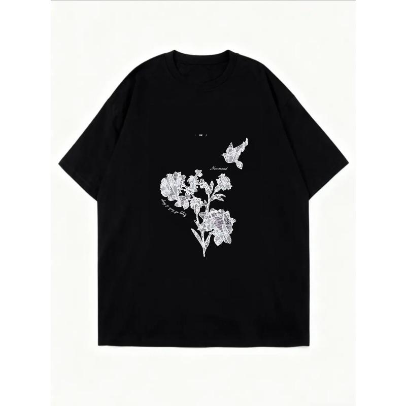 White Oversized T-Shirt With Floral And Bird Print For Casual Wear