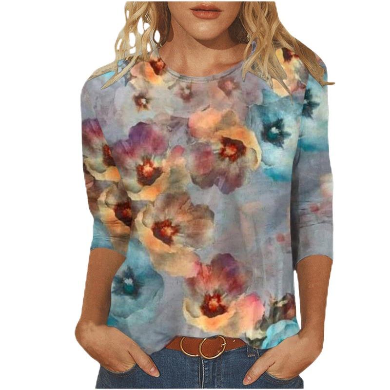 Женская футболка с 3D-принтом, винтажным цветочным принтом, повседневная, с длинным рукавом, круглым вырезом, обычный топ, с повседневным принтом, розовая, весна и осень