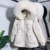 Winter White Duck Down Jacket Women Fox Fur Collar Short Hooded Down Coat Female Adjustable Waist