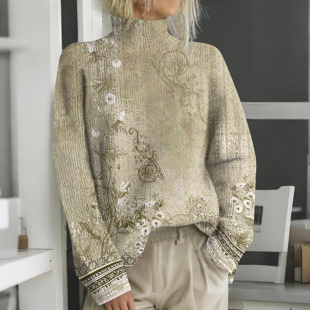 Женская мода повседневная с длинным рукавом и принтом, с высоким воротом, шерстяной трикотаж