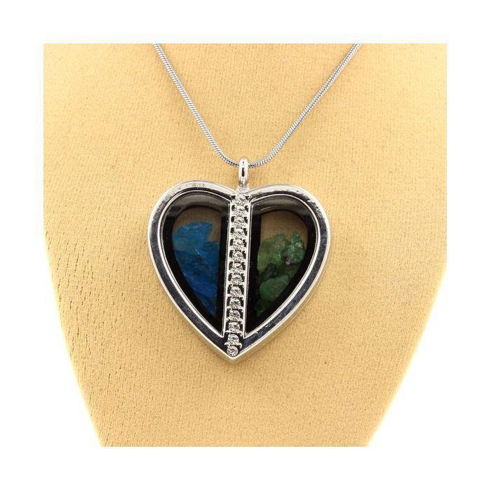 Pierres et Minéraux. Collier Apatite bleu neon + Grenat Tsavorite brut. Modèle coeur..