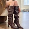 Ботфорты женские модные с острым носком черные на молнии сбоку на тонком высоком каблуке женские блестящие плиссированные на высоком каблуке ботильоны 2025