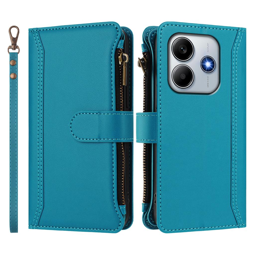 Для Xiaomi Redmi Note 14 4G (163,25 мм) Кожаный чехол 9 отделений для карт кошелек на молнии подставка чехол для телефона с ремешком на запястье