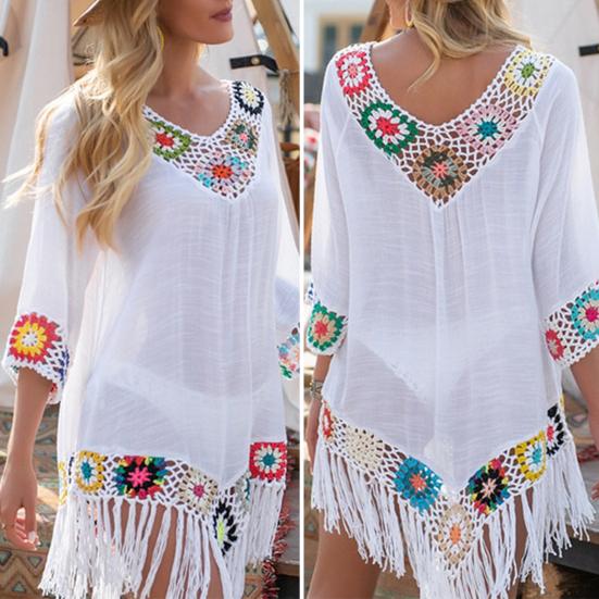 Bikini Cover Up Hollow Out Crochet Patchwork Summer Loose-fitting Sun Protection Swimwear Tunic for Beach