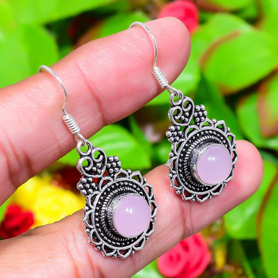 Серьги ручной работы из стерлингового серебра 925 пробы с натуральным розовым кварцем 1,77 дюйма p0w51