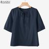 ZANZEA Women Casual Round Neck Loose Short Sleeve Cotton Blouse