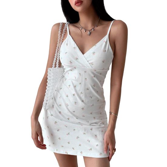 Summer Women V-neck Sleeveless Mini Dress Sling Floral Print High Waist Backless Party Dress Women Slim Fit Dress Streetwear