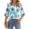 Women's Casual 3/4 Sleeve Top Summer V-neck Puffy Sleeve T-shirt Hawaiian Print Top