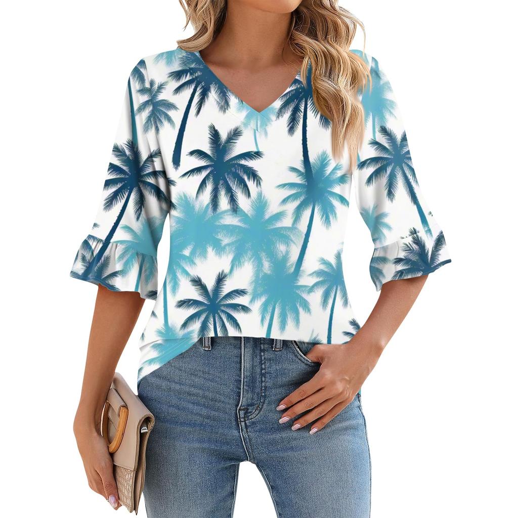 Women's Casual 3/4 Sleeve Top Summer V-neck Puffy Sleeve T-shirt Hawaiian Print Top