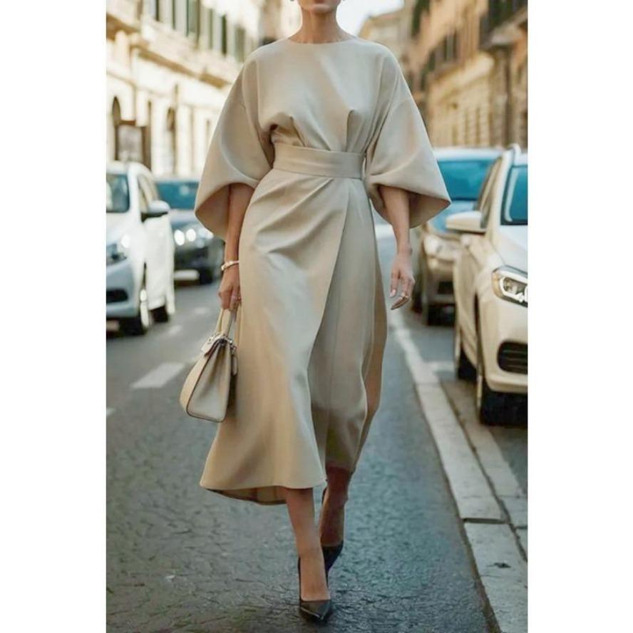 YYFS Женская мода лето весна однотонный принт с рукавами 1/2 и круглым вырезом с высокой талией повседневные платья