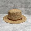French retro old money wind flat top straw hat women's summer hand-woven hollow breathable sun hat travel vacation hat