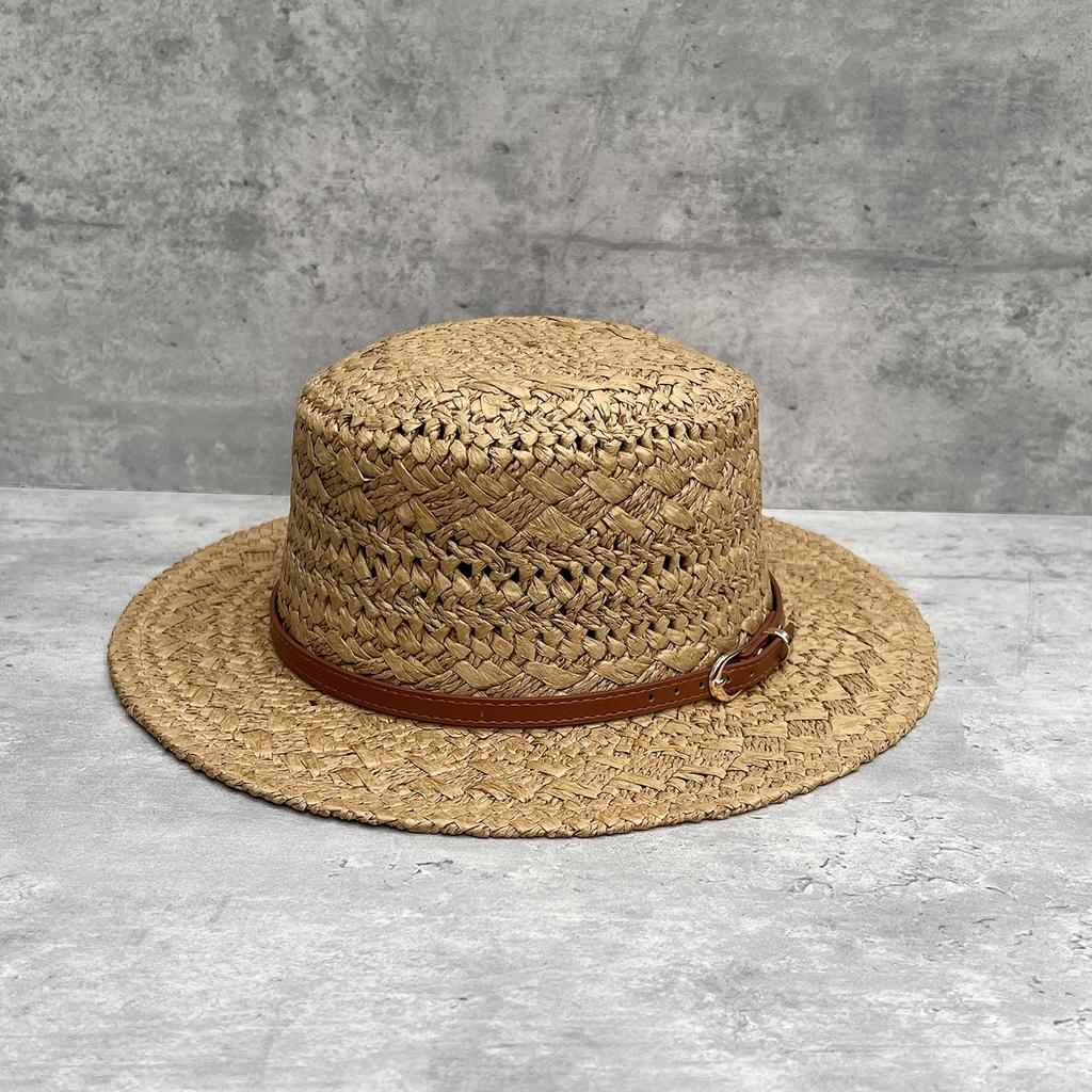 French retro old money wind flat top straw hat women's summer hand-woven hollow breathable sun hat travel vacation hat