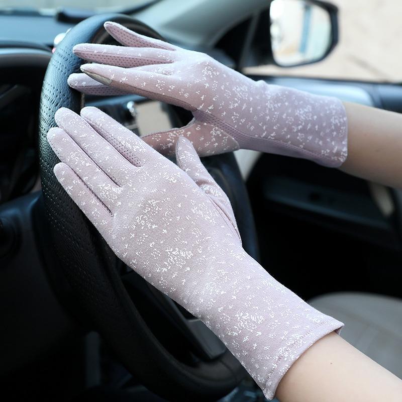 Women's Sunscreen Gloves Medium and Long Thin Summer UV Protection Gloves Pink Small Floral Riding Touch Screen Gloves