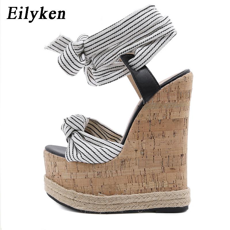Eilyken Women's Summer Fashion New Platform Bow Lacing Design Fibre Fabric Feet Bare Lacing Wedge Sandal High Heeled Shoes