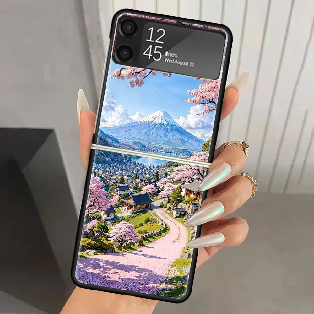 Японская вишня Гора Фудзи Жесткий ПК Чехол для телефона Для Samsung Galaxy Z Flip 7 6 5 4 3 Черный ZFlip7 ZFlip6 Flip5 Flip4 Flip3 5G Печать