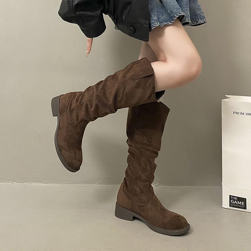 Elegant Retro Belt Buckle Boots Women's 2025 Autumn French Maillard Leather Boots Western Cowboy Fashion Boots Tide