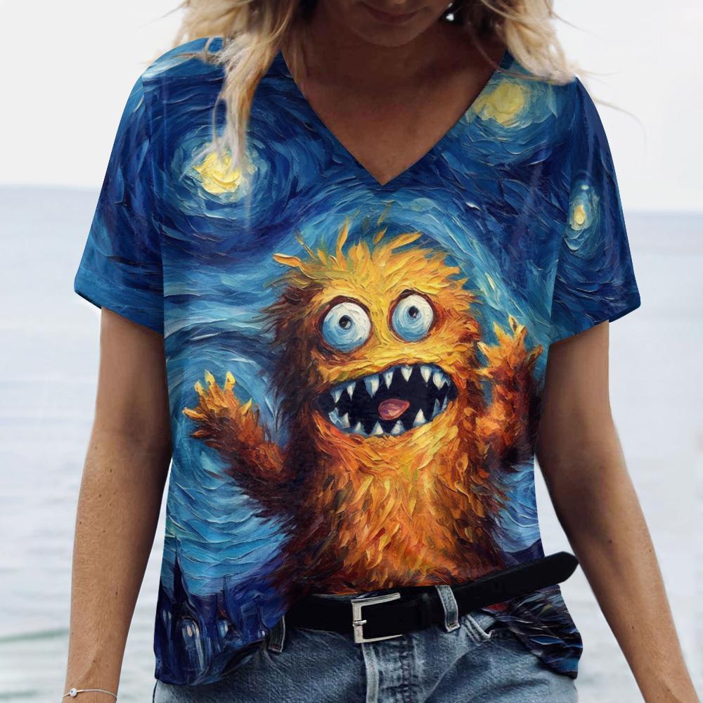 Funny 3D Doll Print Women's T-Shirts Summer Daily Casual Female Clothing Fashion V-neck Short Sleeve Tee Street Girls Loose Tops