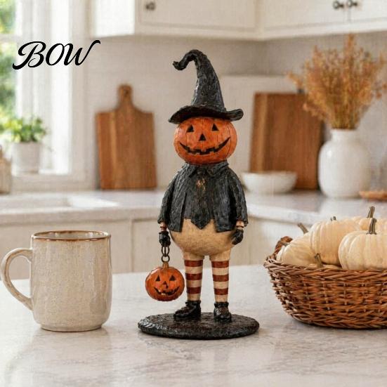 Resin Fall Table Decor Pumpkin Witch Figurine, Spooky Halloween Statue with Lantern, Seasonal Farmhouse Vintage Gothic for Tabletop Mantel Shelf