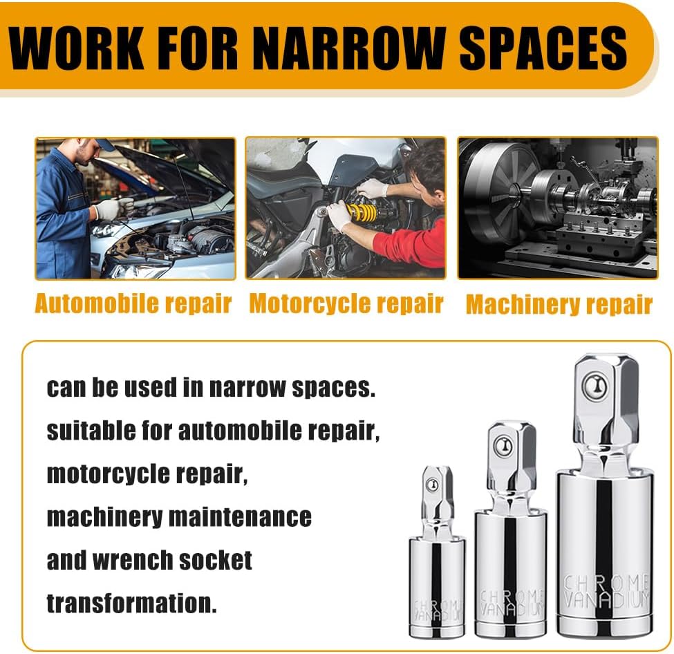 Universal Joint Socket Set, 1/4” 3/8” 1/2” Drive Swivel Socket Adapter Set, Premium Chrome Vanadium Steel Universal Joint Socket