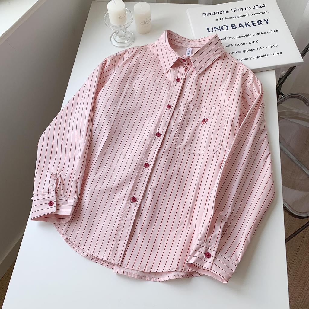 Women's Pink Pinstripe Embroidered Polo Collar Long Sleeve Shirt - Korean Spring Design