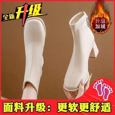 2025 осень и зима бархатные белые короткие ботинки женские толстый каблук средний каблук высокий каблук ботинки интернет-знаменитость тонкие ботинки челси женские