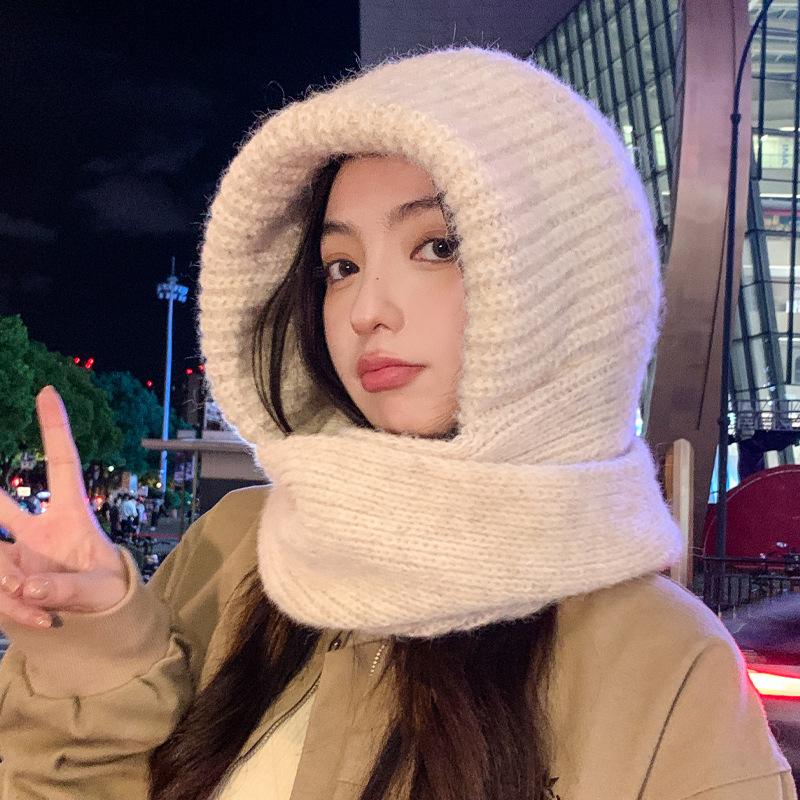 Scarf Integrated Hat Women's Winter Warm Knitted Wool Hat Fashion Hat