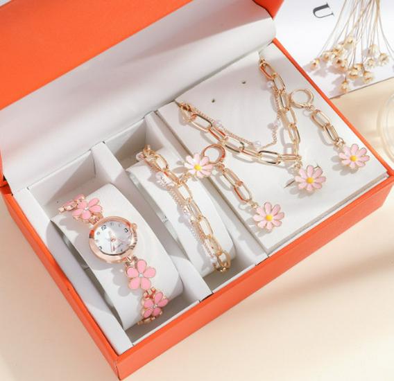 Ladies' Versatile Gift Set: Fashion Floral Chain English Watch & Daisy 5-Piece Set.